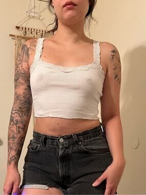 Women's White Lace-Trim Ribbed Crop Tank Top